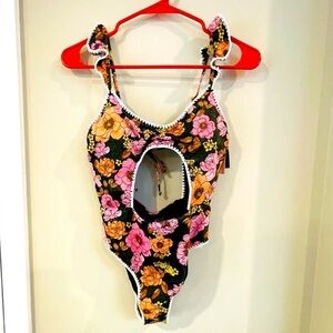 Victoria Secret Swim One Piece Small Pink Orange Floral Gold Shimmer Ruffle XL